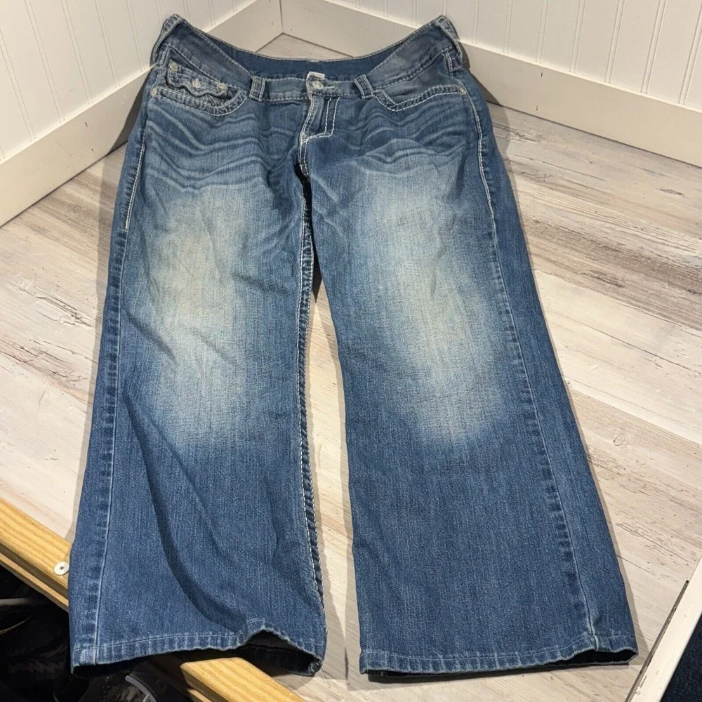 True Religion Thick Stitch Straight Flap Natural‎ Big T Jeans in Blue 36x27